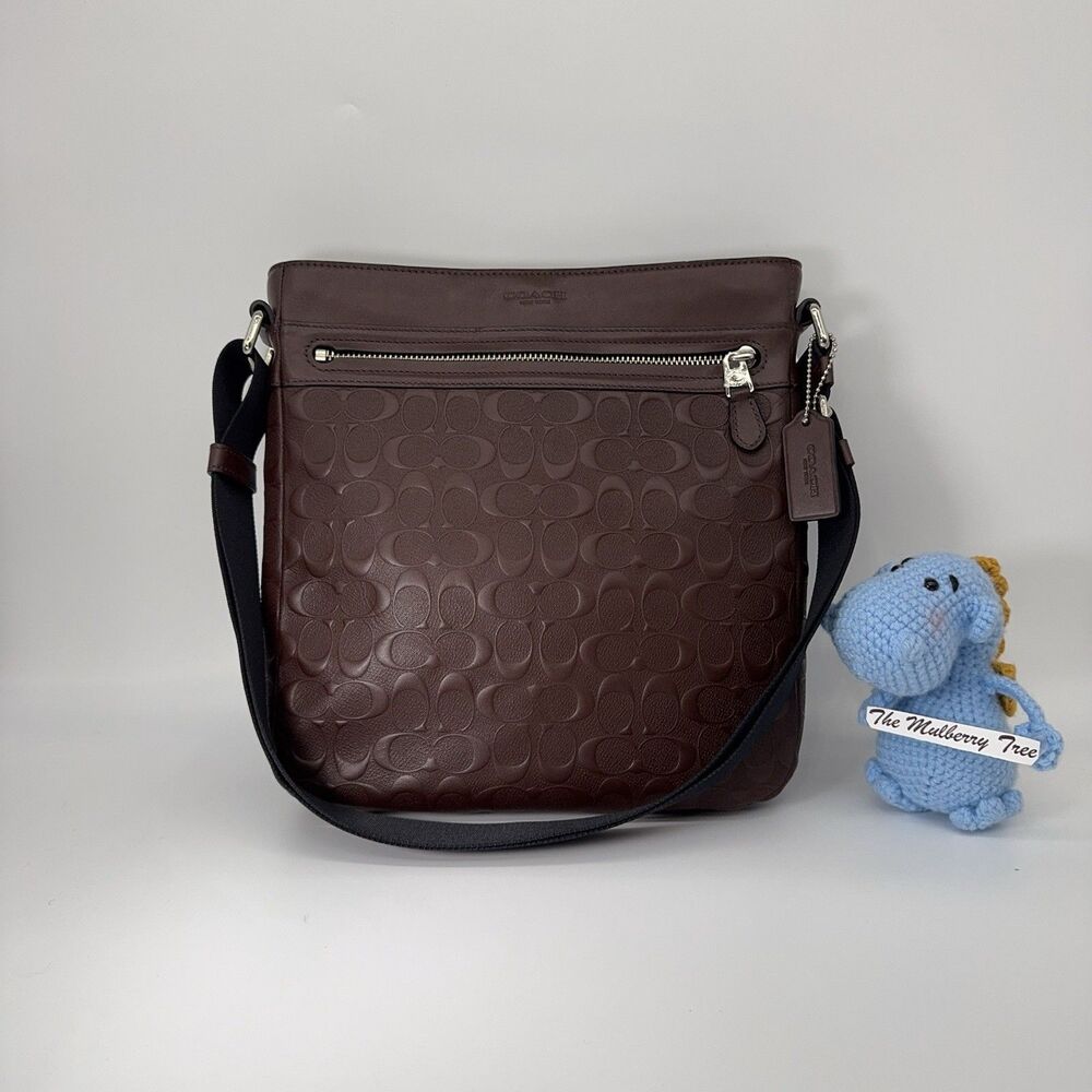 Coach Mens Brown Leather Signature Messenger Bag with Black Strap